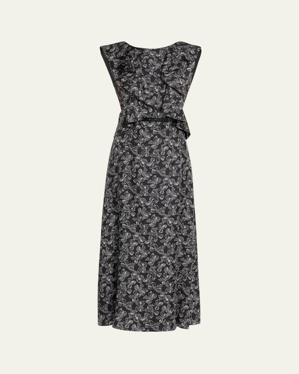 Calesse Bow-Print Ruffle Backless Midi Dress